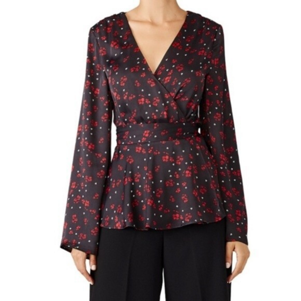 L'Academie Wrap Top Black Red Floral Long Flare Sleeve Peplum - S
